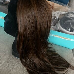 Synthetic hair topper, dark brown